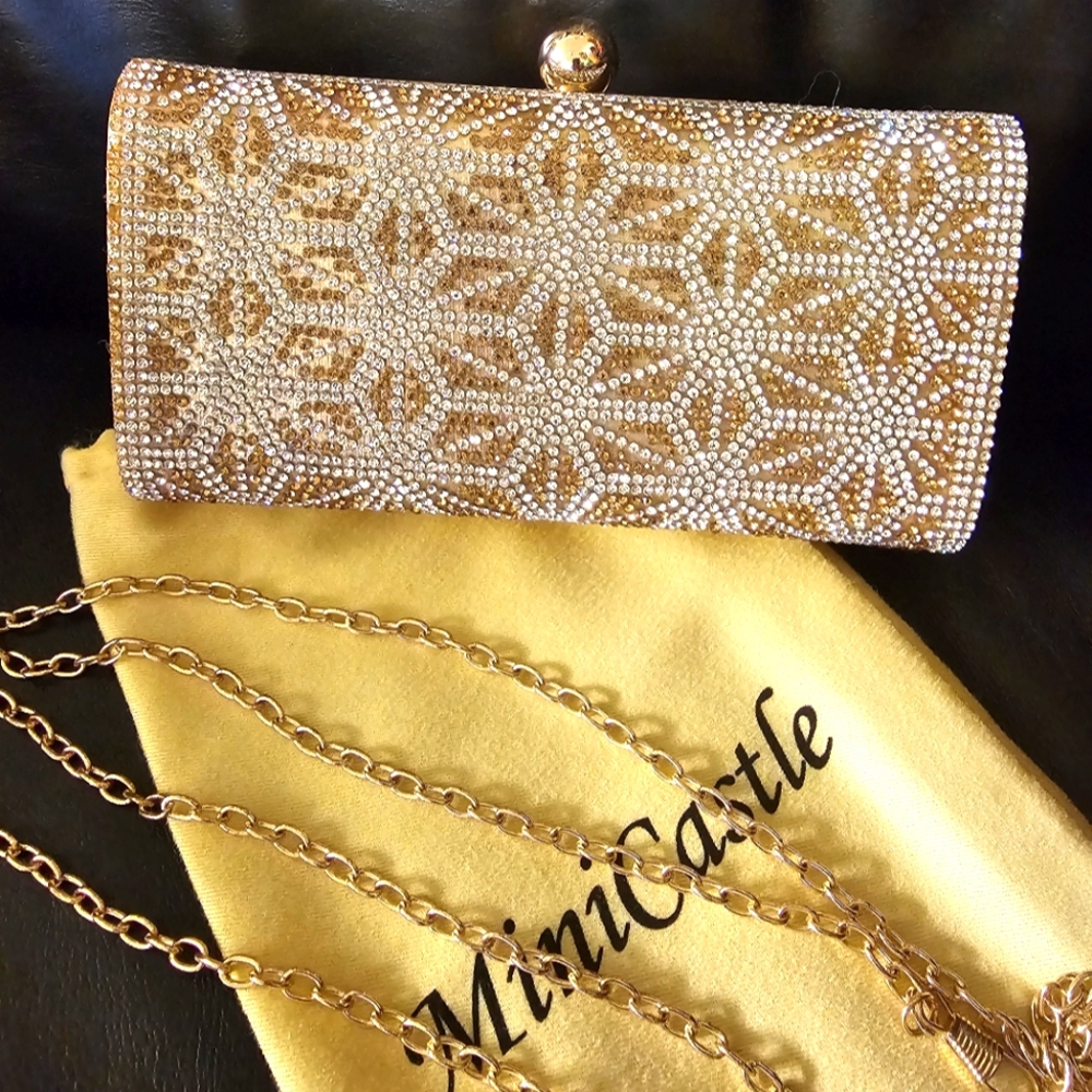 Platinum Gold Rhinestone evening clutch  shoulder purse with dust bag EUC
